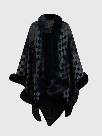 Checkered Faux Fur Trim Poncho - Premium   - Just $69.95! Shop now at LACEDUPED