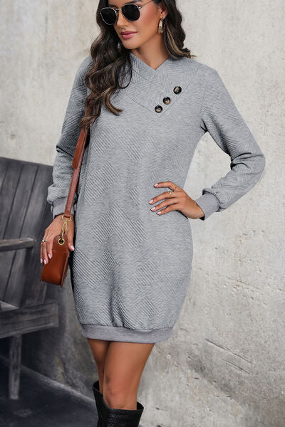 Textured Decorative Button Mini Dress - Premium   - Just $49.95! Shop now at LACEDUPED