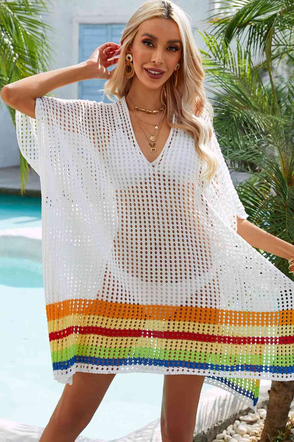 Rainbow Stripe Openwork Slit Cover-Up - Premium   - Just $43.95! Shop now at LACEDUPED