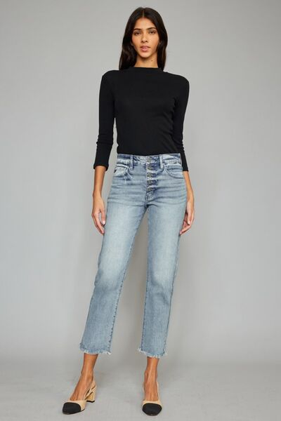 Kancan High Waist Button Fly Raw Hem Cropped Straight Jeans - Premium   - Just $79.95! Shop now at LACEDUPED