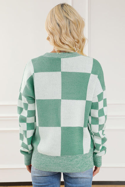 Checkered Drop Shoulder Long Sleeve Sweater - Premium   - Just $57.95! Shop now at LACEDUPED