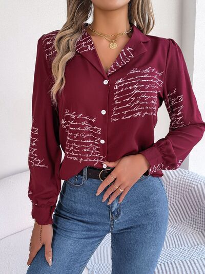 Letter Printed Button Up Long Sleeve Blouse - Premium   - Just $36.95! Shop now at LACEDUPED