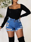 Distressed Raw Hem Denim Shorts with Pockets - Premium   - Just $37.95! Shop now at LACEDUPED