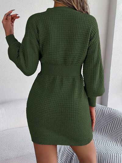 Buttoned Cable-Knit V-Neck Sweater Dress - Premium   - Just $44.76! Shop now at LACEDUPED