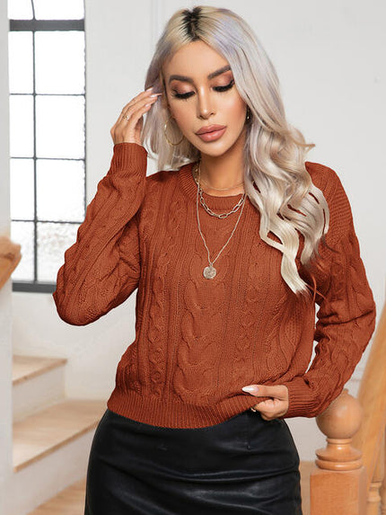 Cable-Knit Round Neck Long Sleeve Sweater - Premium   - Just $42.95! Shop now at LACEDUPED