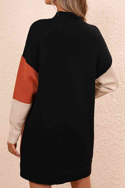 Color Block Mock Neck Dropped Shoulder Sweater Dress - Premium   - Just $48.76! Shop now at LACEDUPED