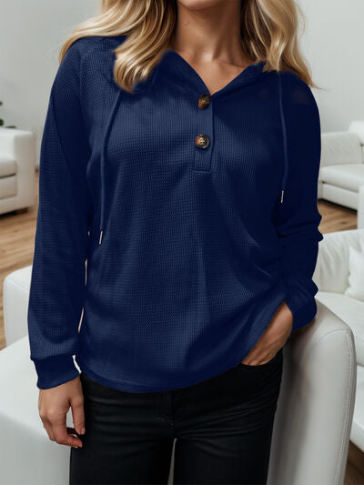 Waffle-Knit Drawstring Quarter Button Hoodie - Premium   - Just $34.95! Shop now at LACEDUPED