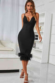 Spaghetti Strap Feather Trim Bodycon Dress - Premium   - Just $157.95! Shop now at LACEDUPED