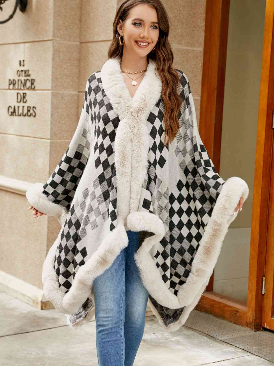 Checkered Faux Fur Trim Poncho - Premium   - Just $69.95! Shop now at LACEDUPED