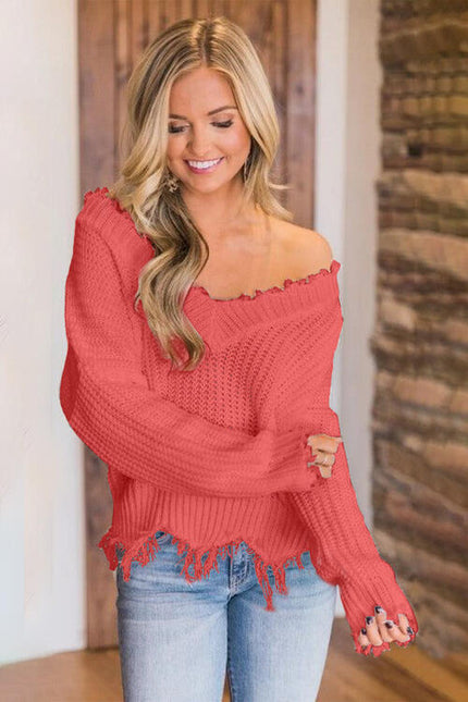 Frayed Hem Dropped Shoulder Sweater - Premium   - Just $43.95! Shop now at LACEDUPED