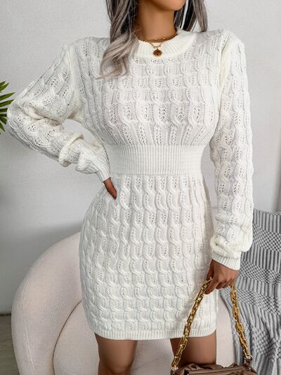 Cable-Knit Round Neck Mini Wrap Sweater Dress - Premium   - Just $41.56! Shop now at LACEDUPED