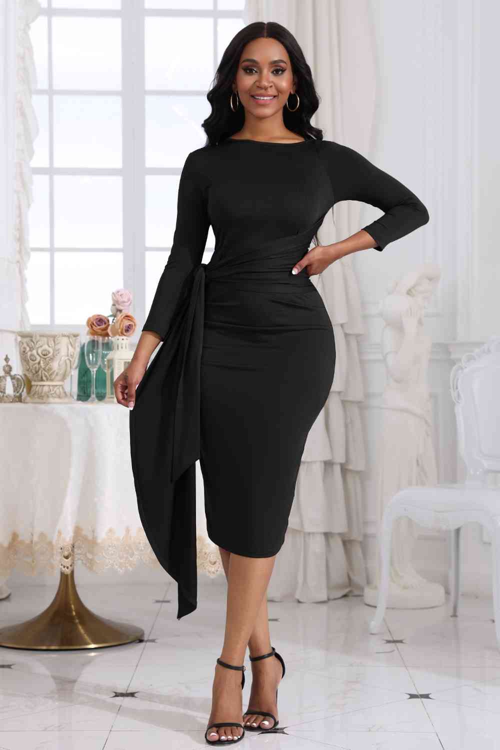 Tie Detail Round Neck Midi Dress - Premium   - Just $44.95! Shop now at LACEDUPED