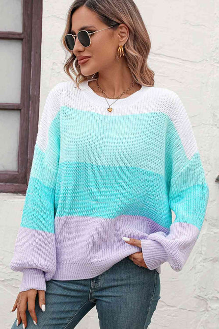 Round Neck Color Block Ribbed Pullover Sweater - Premium   - Just $59.95! Shop now at LACEDUPED