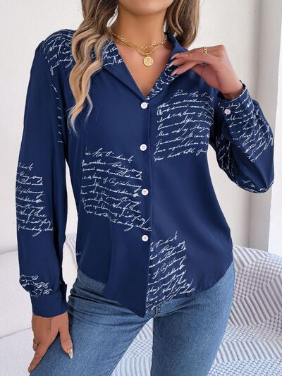 Letter Printed Button Up Long Sleeve Blouse - Premium   - Just $36.95! Shop now at LACEDUPED