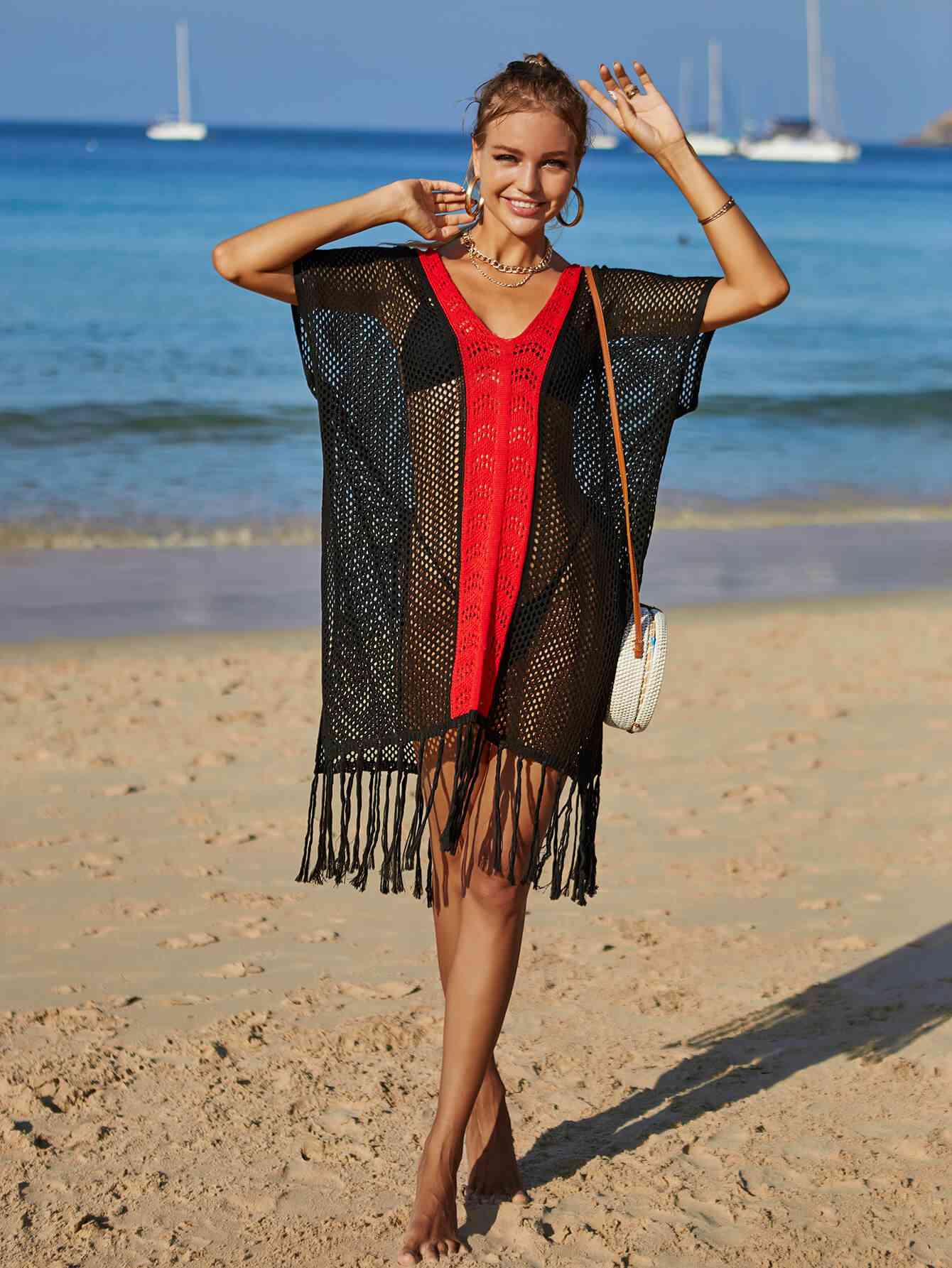 Contrast Fringe Trim Openwork Cover-Up Dress - Premium   - Just $49.95! Shop now at LACEDUPED