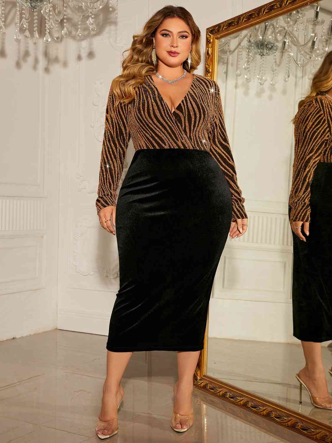 Plus Size Surplice Neck Long Sleeve Slit Dress - Premium   - Just $47.95! Shop now at LACEDUPED