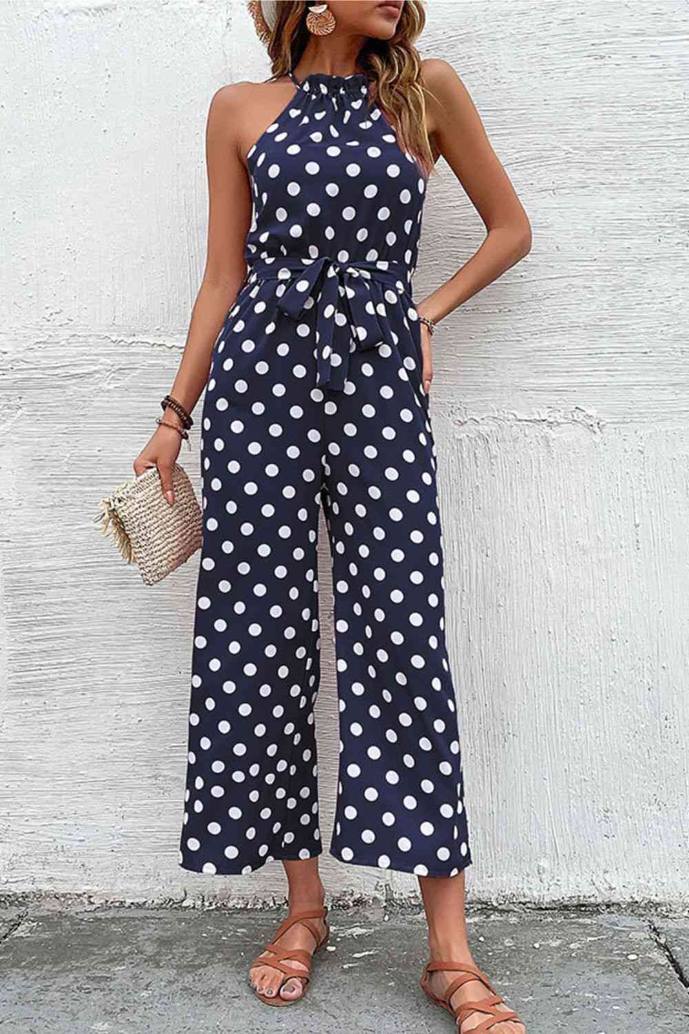 Polka Dot Grecian Wide Leg Jumpsuit - Premium   - Just $43.95! Shop now at LACEDUPED