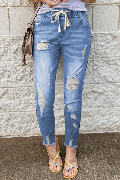 Drawstring Distressed Raw Hem Jeans with Pockets - Premium   - Just $72.95! Shop now at LACEDUPED