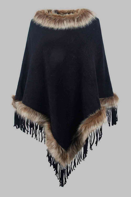 Faux Fur Trim Fringed Poncho - Premium   - Just $42.95! Shop now at LACEDUPED