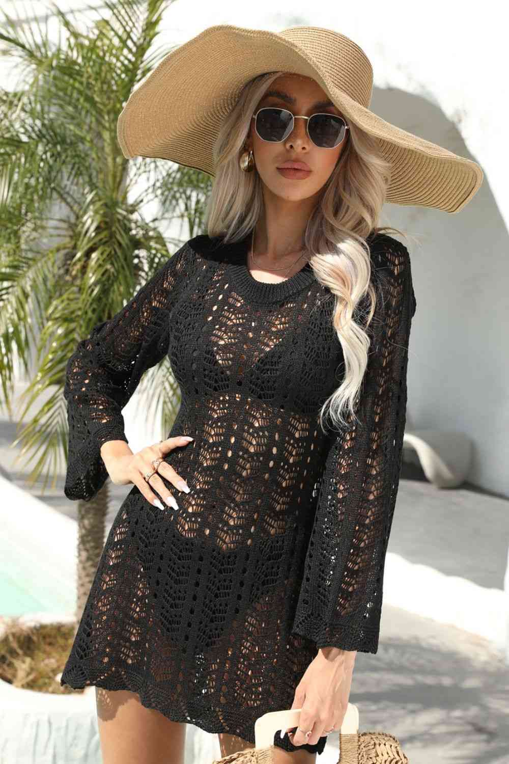 Openwork Scalloped Trim Long Sleeve Cover-Up Dress - Premium   - Just $43.95! Shop now at LACEDUPED