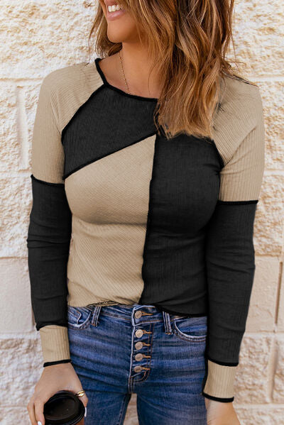 Color Block Round Neck Long Sleeve T-Shirt - Premium   - Just $34.95! Shop now at LACEDUPED