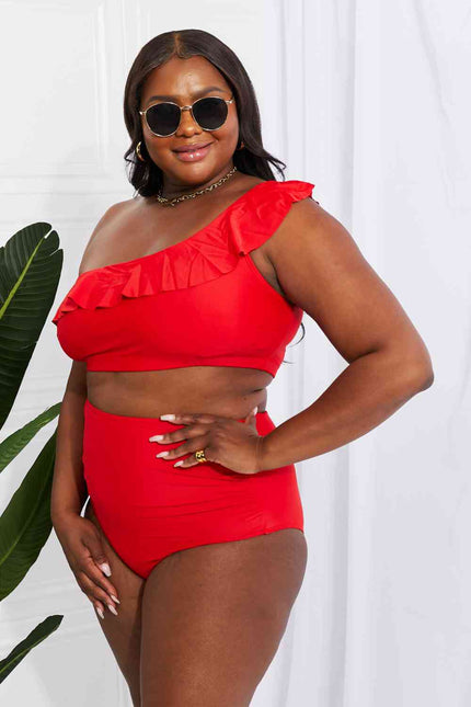 Marina West Swim Seaside Romance Ruffle One-Shoulder Bikini in Red - Premium   - Just $76.95! Shop now at LACEDUPED