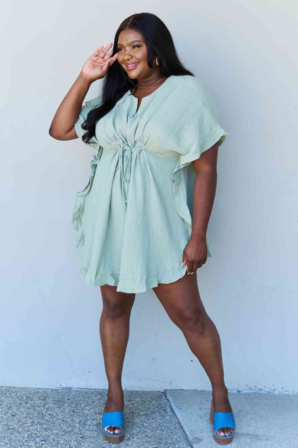 Ninexis Out Of Time Full Size Ruffle Hem Dress with Drawstring Waistband in Light Sage - Premium   - Just $27.95! Shop now at LACEDUPED