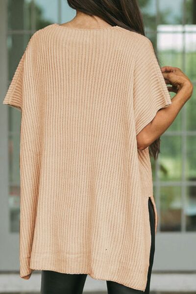 Waffle-Knit Slit Short Sleeve Sweater - Premium   - Just $43.95! Shop now at LACEDUPED