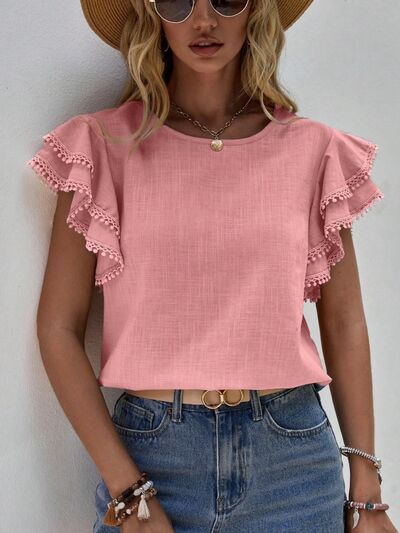 Ruffled Cap Sleeve Round Neck Blouse - Premium   - Just $36.95! Shop now at LACEDUPED