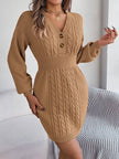 Buttoned Cable-Knit V-Neck Sweater Dress - Premium   - Just $44.76! Shop now at LACEDUPED