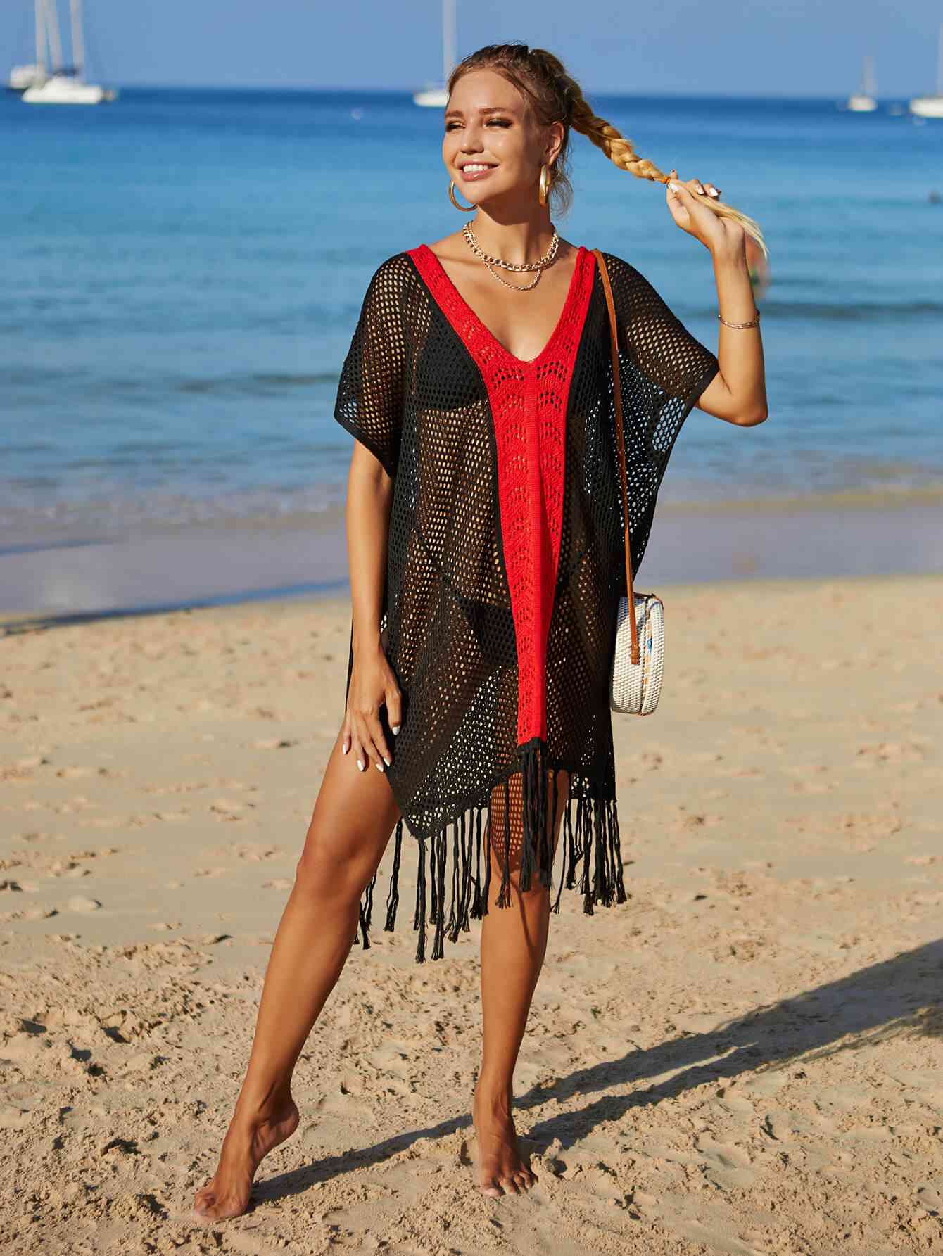 Contrast Fringe Trim Openwork Cover-Up Dress - Premium   - Just $49.95! Shop now at LACEDUPED