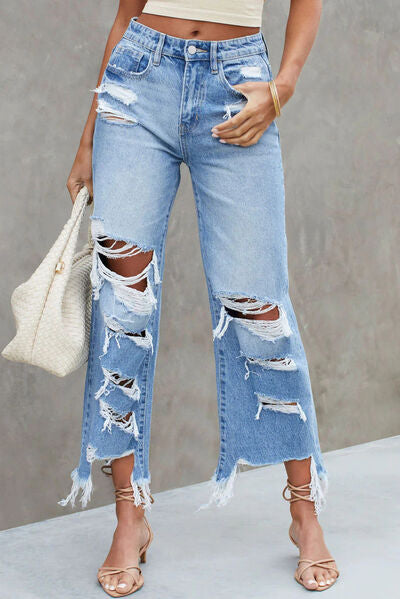 Distressed Raw Hem Jeans with Pockets - Premium   - Just $80.95! Shop now at LACEDUPED