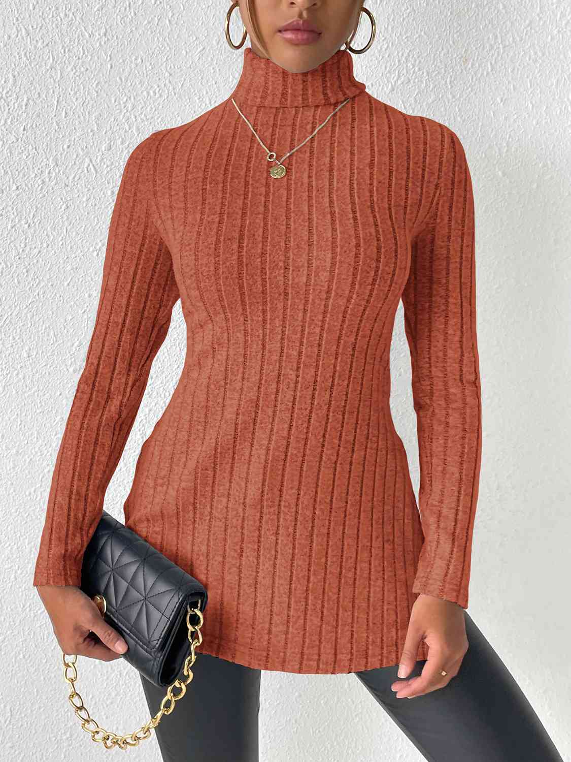 Ribbed Turtleneck Long Sleeve Slit T-Shirt - Premium   - Just $33.95! Shop now at LACEDUPED