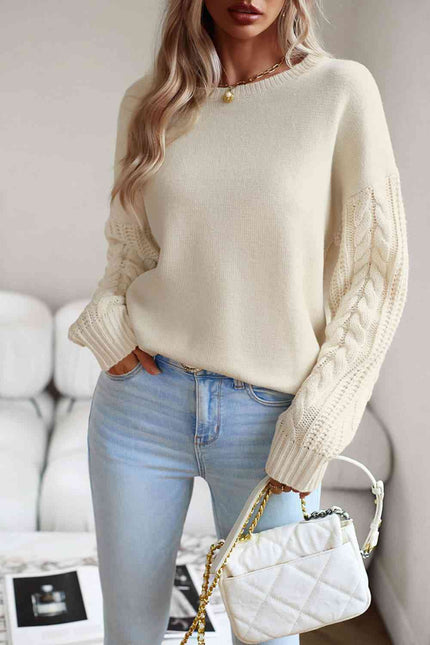 Cable-Knit Round Neck Drop Shoulder Sweater - Premium   - Just $54.95! Shop now at LACEDUPED