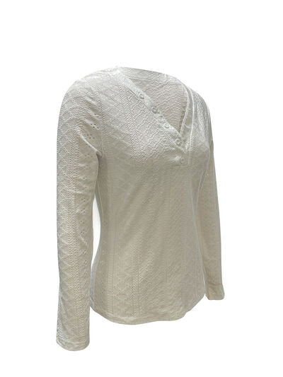 Eyelet Decorative Button V-Neck Blouse - Premium   - Just $35.95! Shop now at LACEDUPED