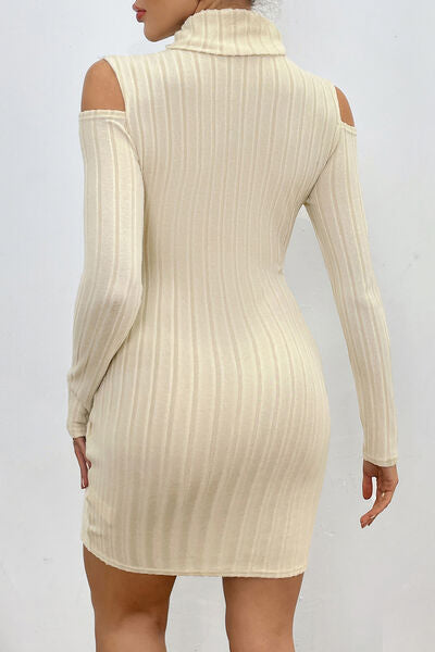 Ribbed Turtleneck Cold Shoulder Long Sleeve Mini Dress - Premium   - Just $31.95! Shop now at LACEDUPED