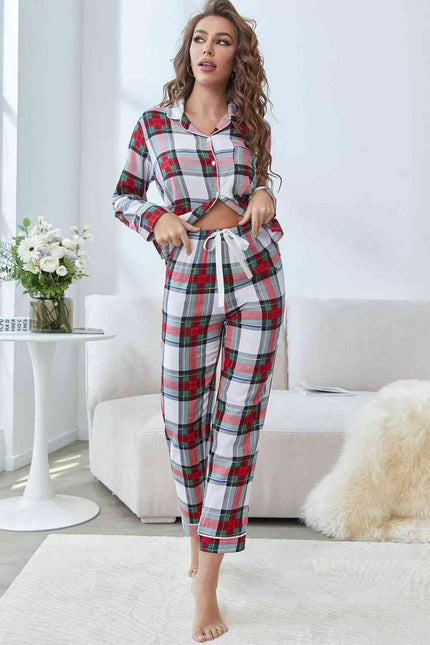 Plaid Button Front Top and Pants Lounge Set - Premium   - Just $46.95! Shop now at LACEDUPED