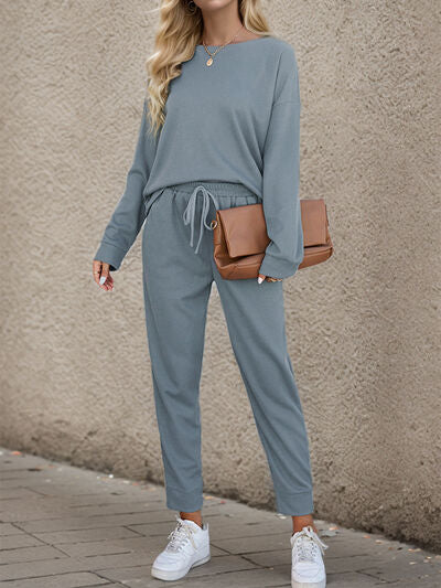 Round Neck Top and Drawstring Pants Set - Premium   - Just $57.95! Shop now at LACEDUPED