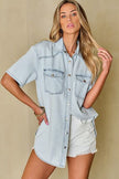 Slit Snap Down Short Sleeve Denim Top - LACEDUPED