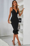 Spaghetti Strap Feather Trim Bodycon Dress - Premium   - Just $157.95! Shop now at LACEDUPED