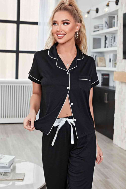 Contrast Piping Short Sleeve Top and Pants Pajama Set - Premium   - Just $51.95! Shop now at LACEDUPED