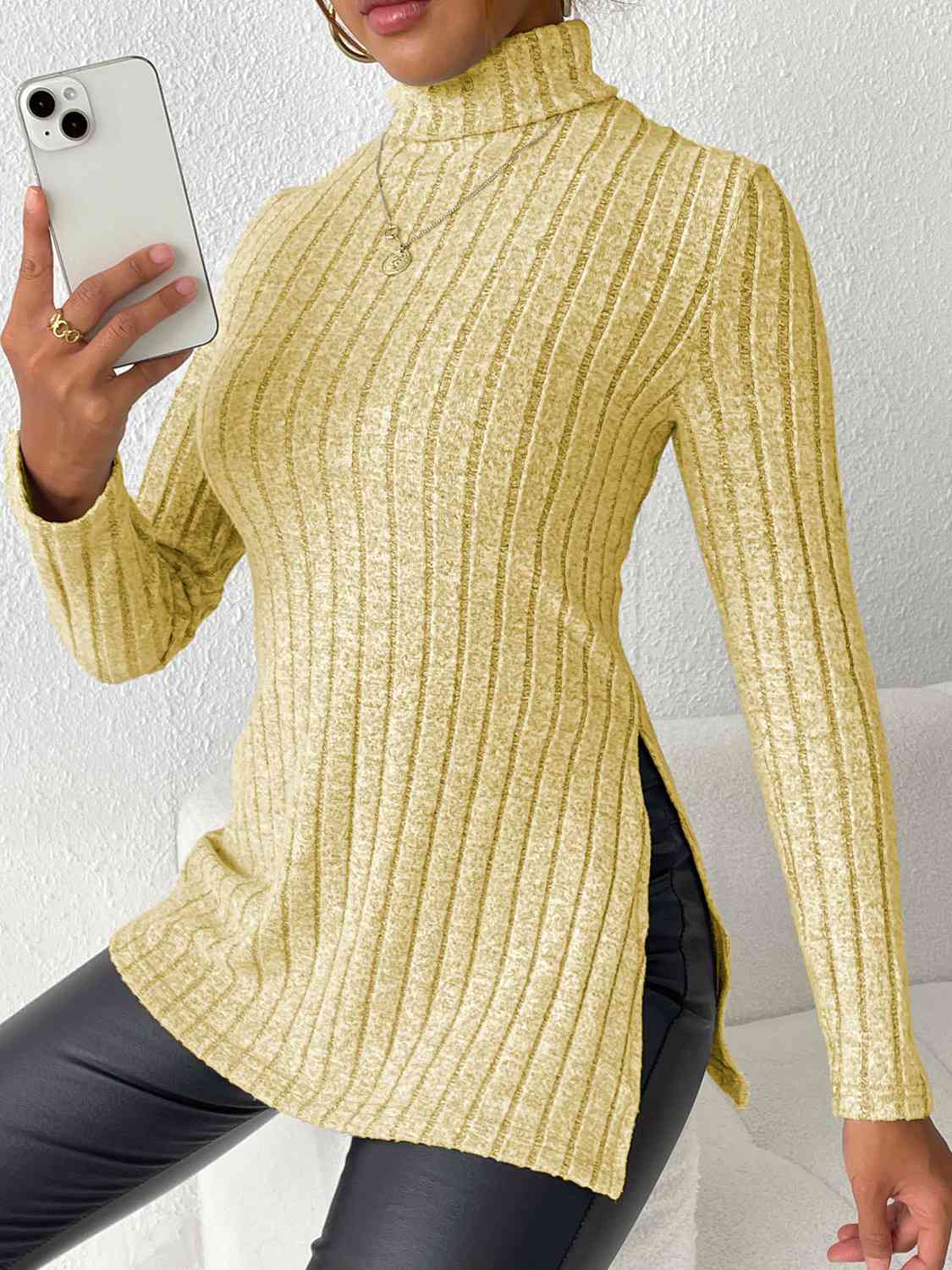 Ribbed Turtleneck Long Sleeve Slit T-Shirt - Premium   - Just $33.95! Shop now at LACEDUPED