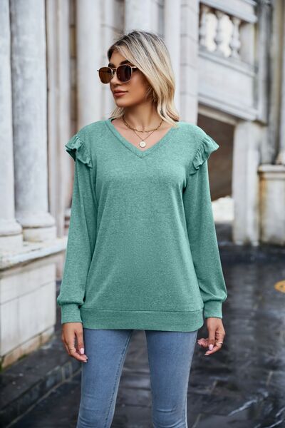 Ruffled Heathered V-Neck Long Sleeve T-Shirt - Premium   - Just $35.95! Shop now at LACEDUPED