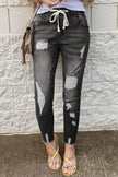 Drawstring Distressed Raw Hem Jeans with Pockets - Premium   - Just $72.95! Shop now at LACEDUPED