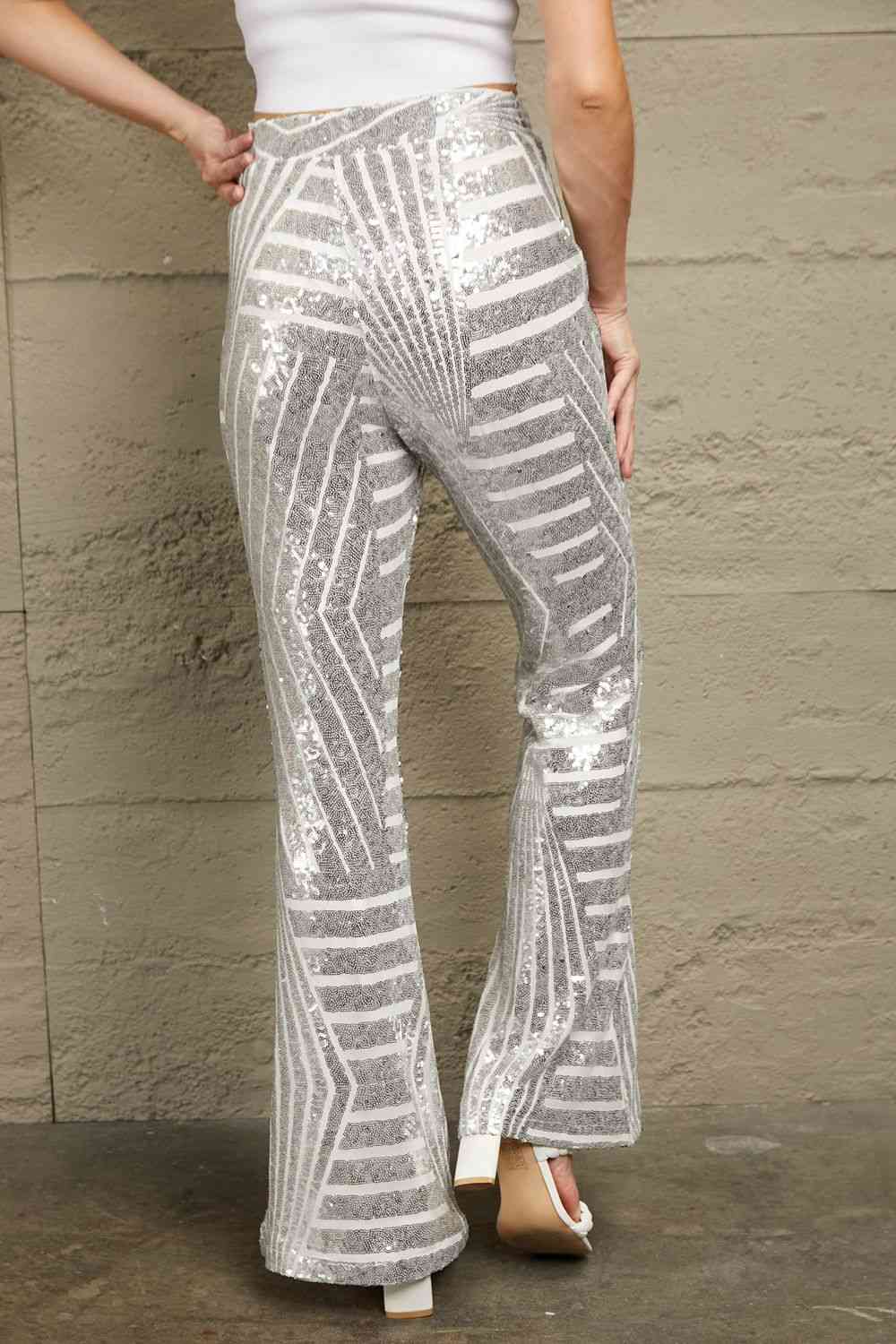 Double Take Sequin High Waist Flared Pants - Premium   - Just $78.95! Shop now at LACEDUPED