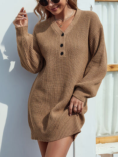 V-Neck Dropped Shoulder Mini Sweater Dress - Premium   - Just $57.95! Shop now at LACEDUPED