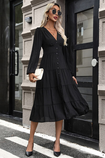 Tiered Ruched Button Up Midi Dress - Premium   - Just $53.95! Shop now at LACEDUPED