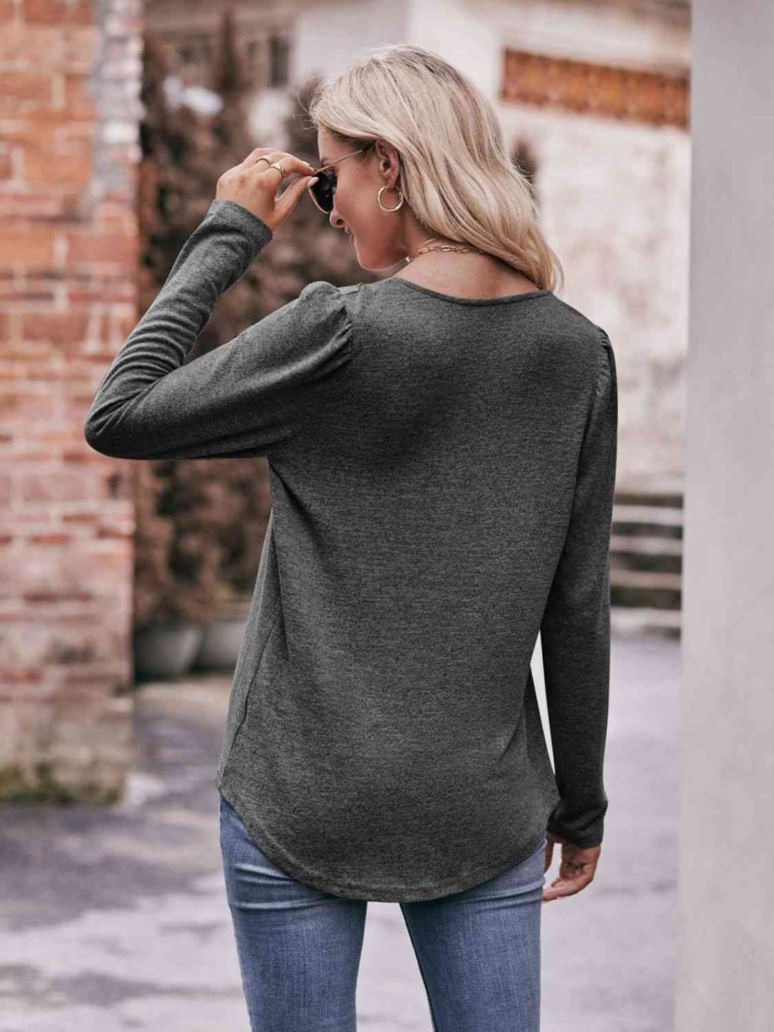 Double Take Pleated Detail Curved Hem Long Sleeve Top - Premium   - Just $36.95! Shop now at LACEDUPED