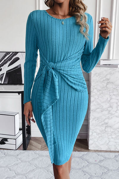 Ribbed Tied Long Sleeve Wrap Dress - Premium   - Just $34.95! Shop now at LACEDUPED