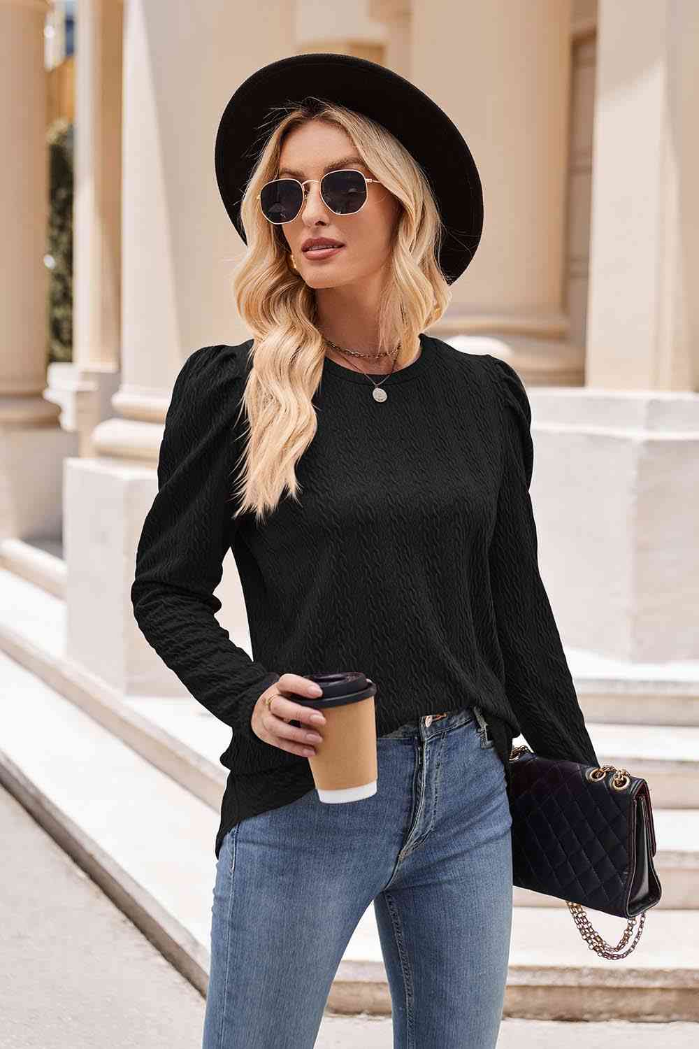 Round Neck Puff Sleeve Blouse - Premium   - Just $33.95! Shop now at LACEDUPED